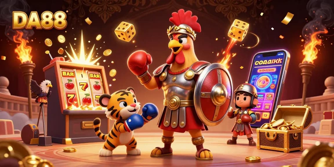 DA88 showcases thrilling moments in a vibrant casino scene with a rooster gladiator and dynamic game elements.