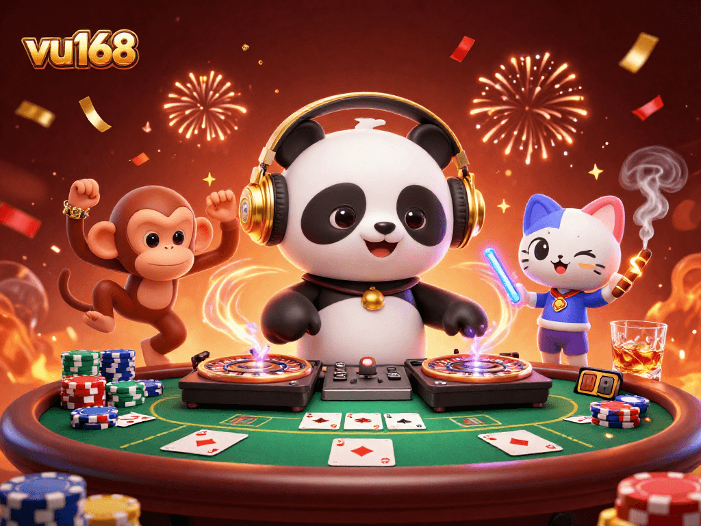 Spin to win with vu168 at an exciting casino scene featuring a DJ panda, dancing monkey, and glowing kitten.
