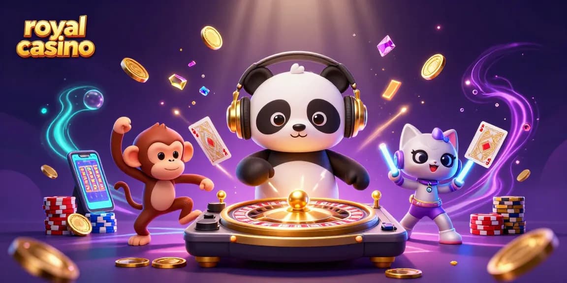Engage in thrilling royal casino games with a neon-lit DJ panda and colorful characters in an action-packed scene.