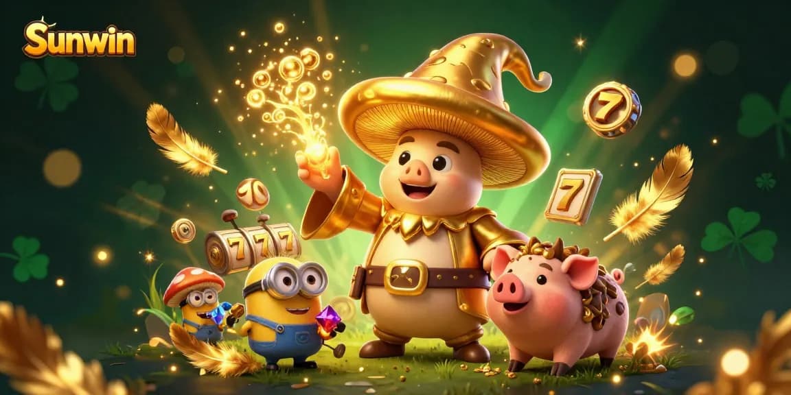 Win big at Sunwin with a magical illustration of the golden mushroom wizard and treasures.