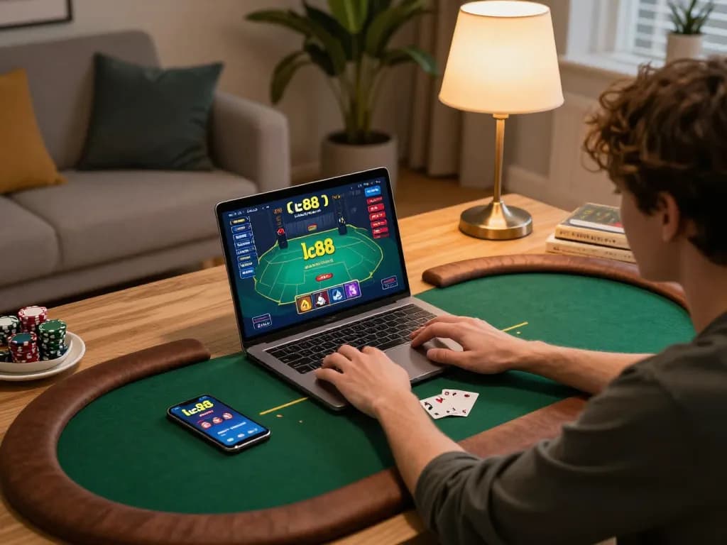 Person enjoying online poker through lc88 app in a cozy home setup.