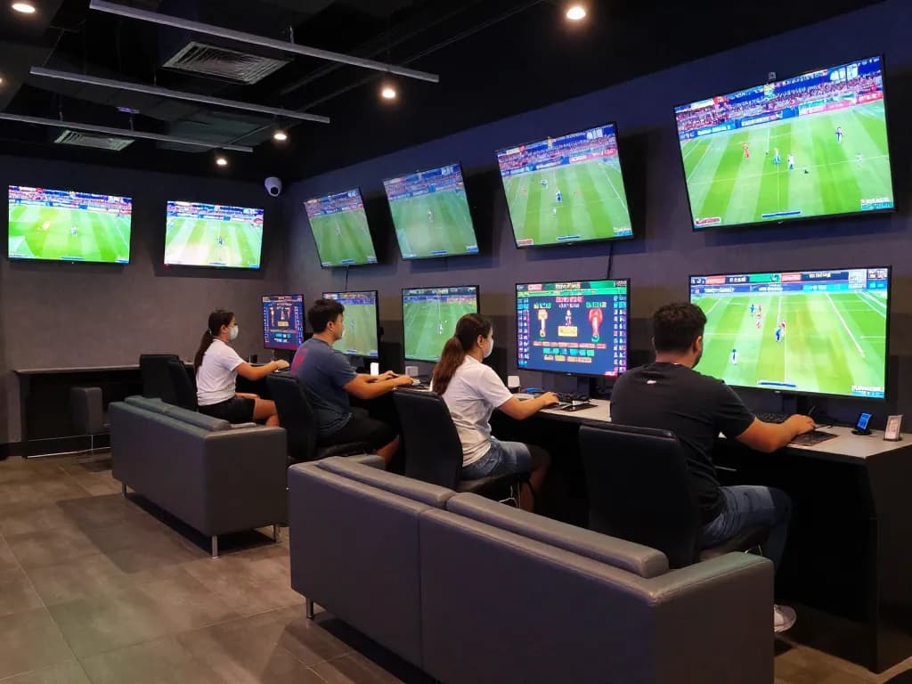Fans engaging in thrilling live sports betting at 9bet's modern lounge during major events
