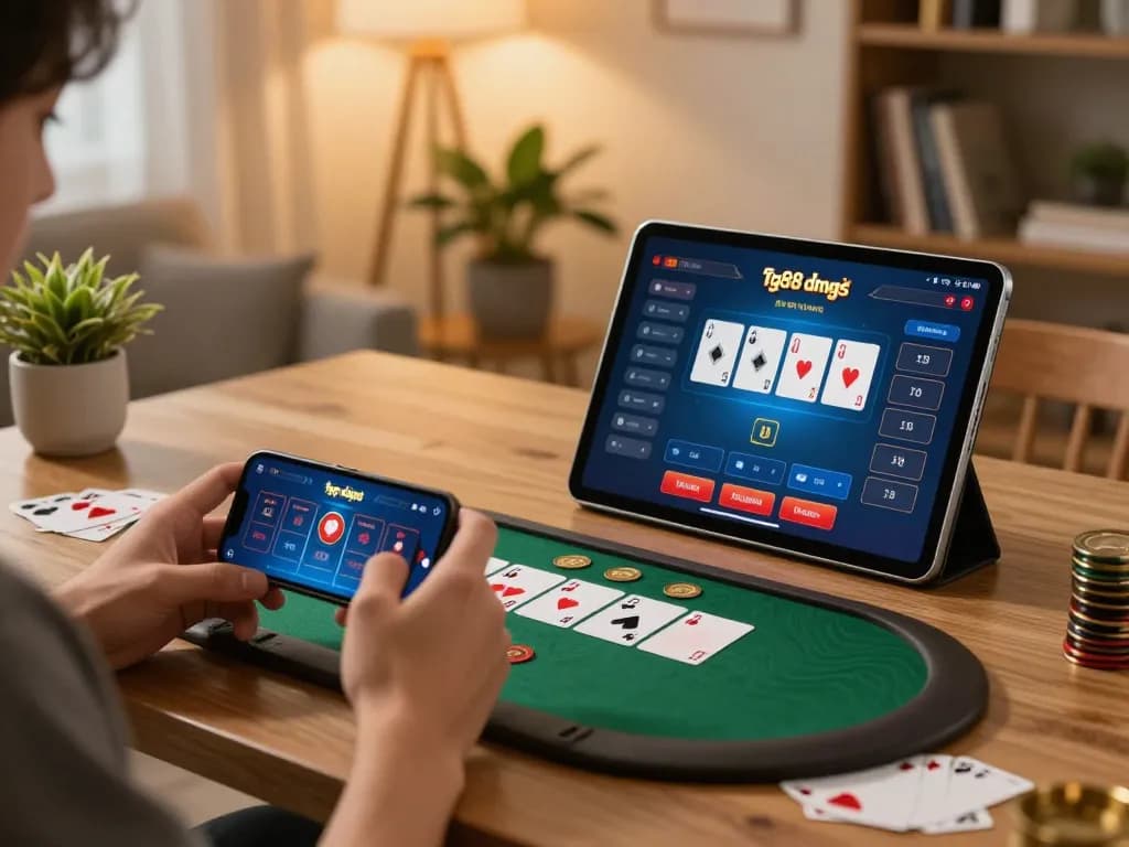 Engaging in online casino games through tg88 đăng nhập with a smartphone and tablet in a cozy home setup