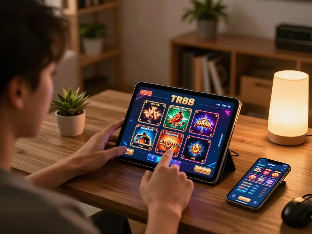 Player engaged in online gaming at home on TR88 platform with tablet, showcasing vibrant casino interface.