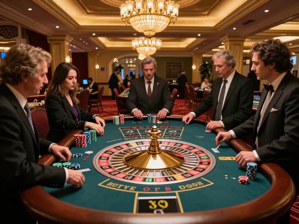 VT88 roulette excitement with players placing bets and watching the spinning wheel in a luxurious casino setting