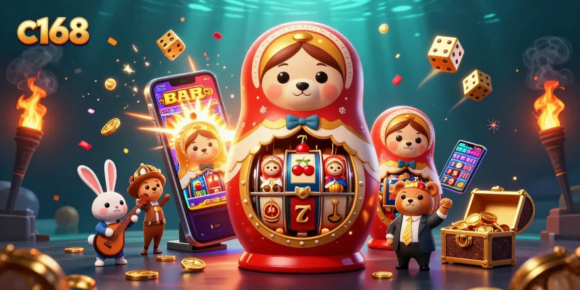 c168 casino-themed image featuring vibrant slot machines, playful characters, and celebratory elements
