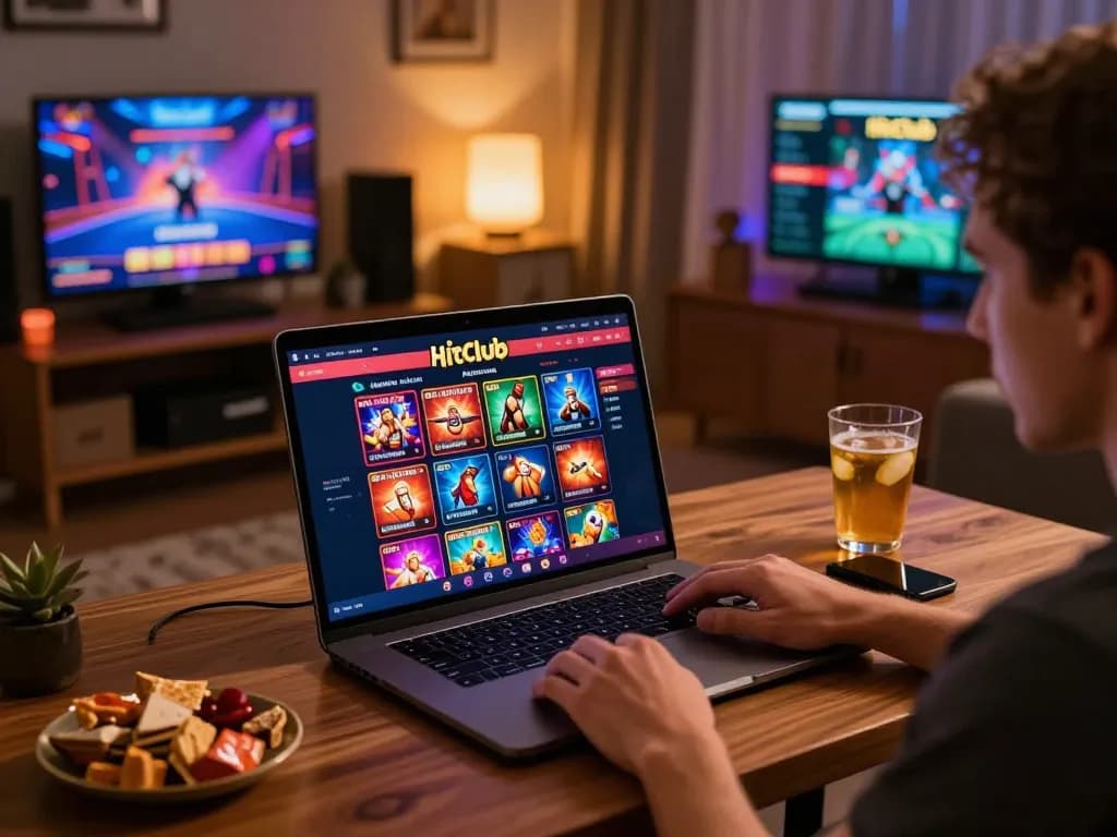 Tham gia nền tảng casino trực tuyến của Hitclub trên laptop, thể hiện đồ họa trò chơi sống động.