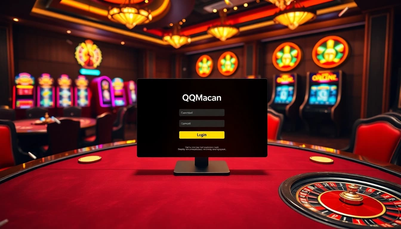 Engage with QQMacan login through a vibrant casino scene with slot machines and poker chips.
