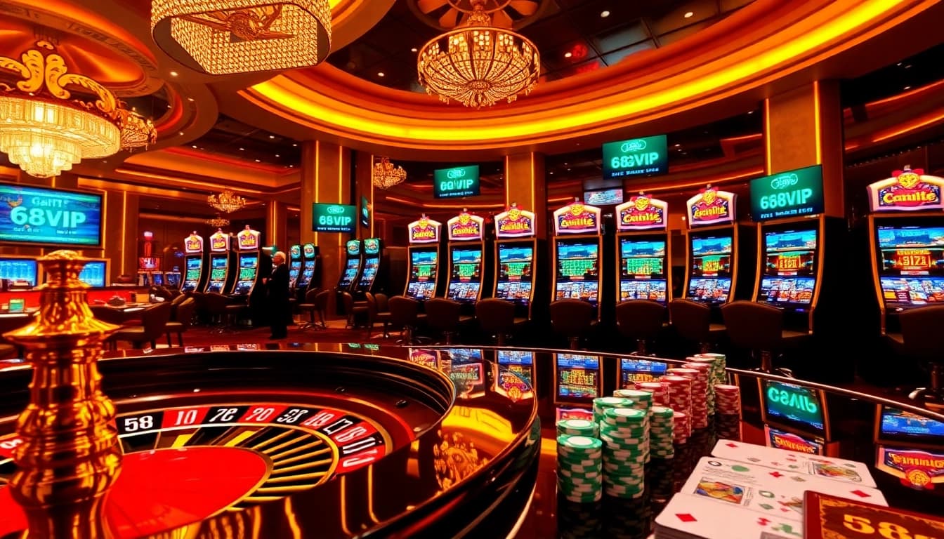 A dynamic casino scene showcasing 68VIP's exciting roulette and slot machines, filled with vibrant colors and lively energy.