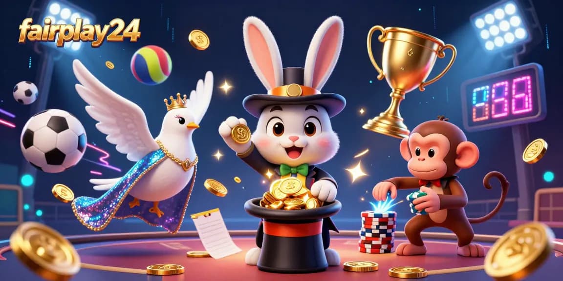 Engage with fairplay24 for thrilling sports betting, featuring a magician rabbit, dove, and monkey amidst action.