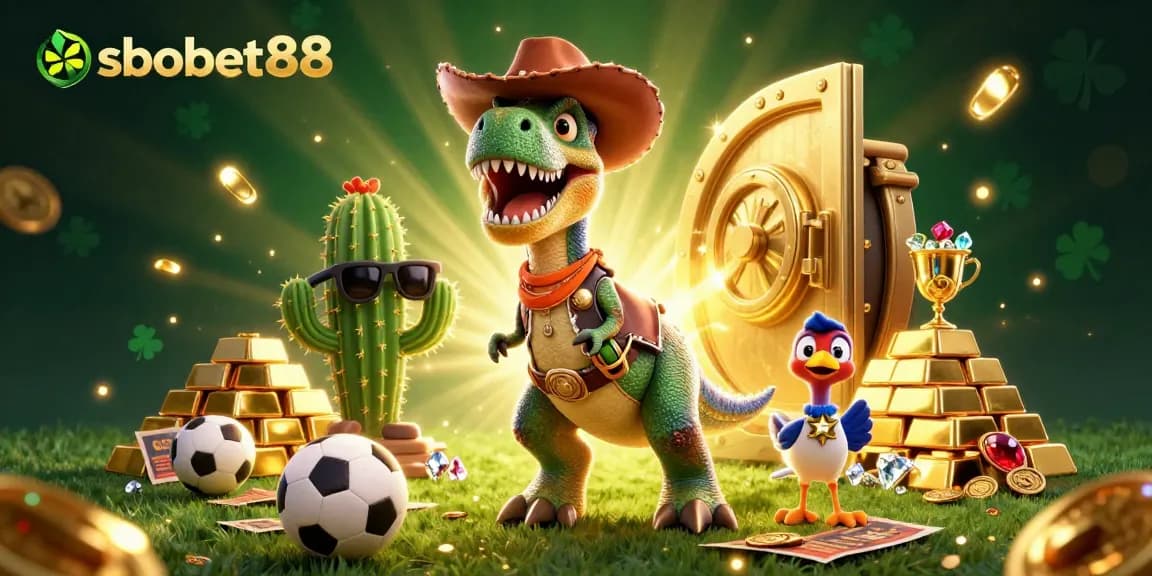 Bet on sbobet88 with a dynamic scene featuring a T-Rex cowboy and vibrant casino elements.
