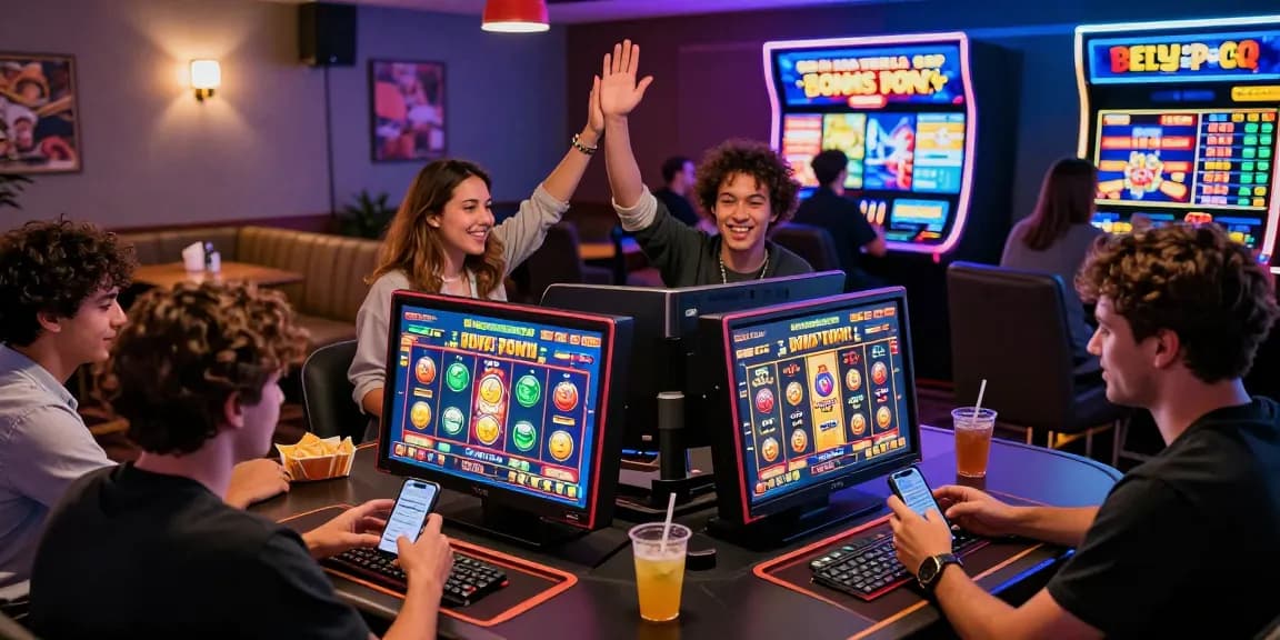 Players enjoying bonus buy slots at an exciting online casino, showcasing vibrant screens and engaging gameplay.