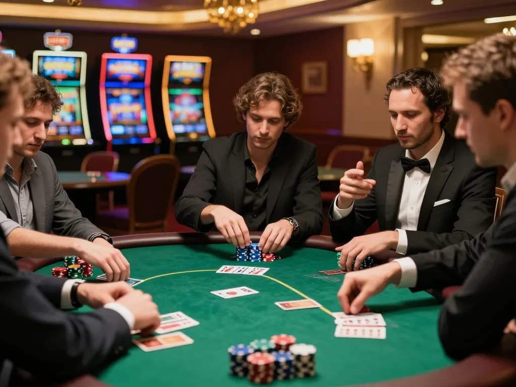 Players strategizing at a poker table in a luxury casino while enjoying the 98wincom experience.