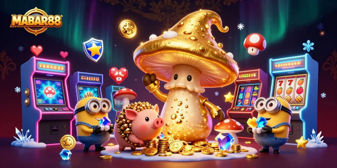 MABAR88 offers an enchanting scene with a golden mushroom wizard enhancing casino joy amidst slot machines and treasures.