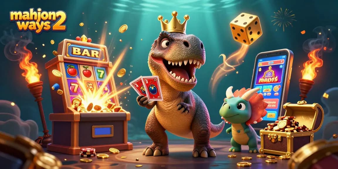 Experience the excitement of mahjong ways 2 with a T-Rex, pterodactyl, and chips in a vibrant casino!