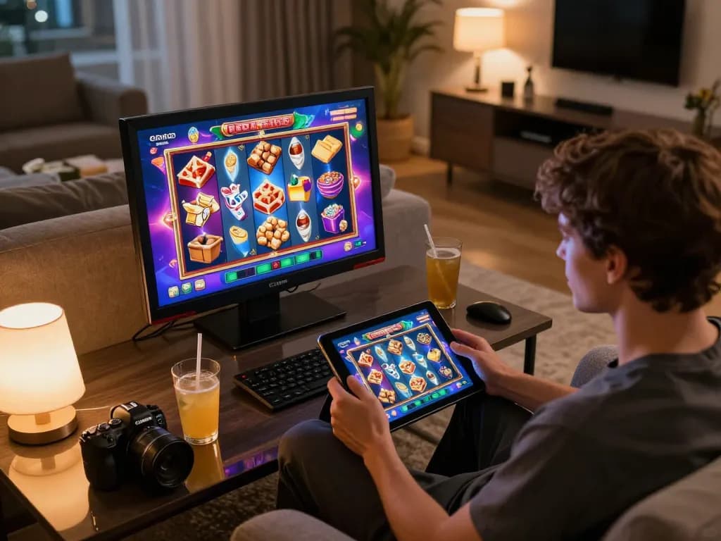 situs slot gameplay on a tablet with colorful graphics and casual home gaming setup
