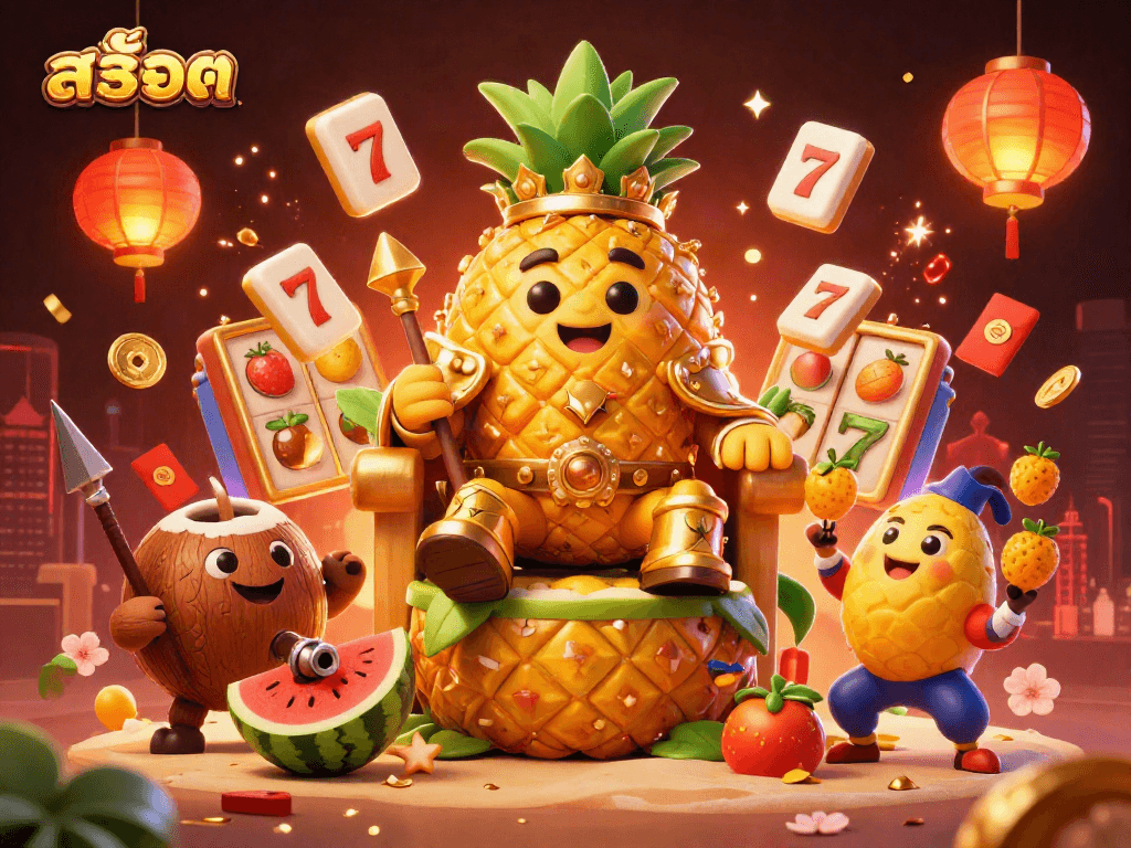 Engage with สล็อต gaming in this vibrant 3D casino scene featuring the golden pineapple king.