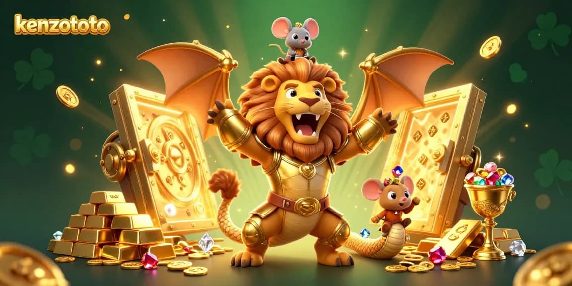 Kenzototo showcases a golden armored chimera with treasures, symbolizing winning opportunities in online gambling.