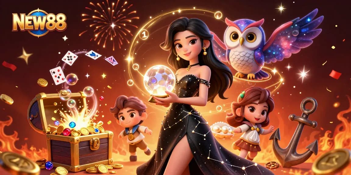 Experience the magic of gambling with NEW88, featuring a stunning woman and mystical elements surrounding a fortune.