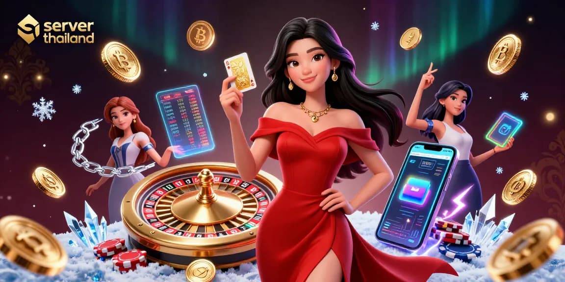 Experience thrilling slots with server thailand, digital elements surrounded by vibrant casino atmosphere.