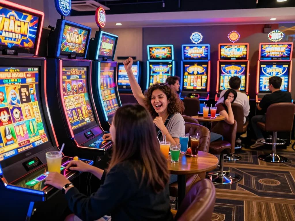 Exciting gaming lounge scene with friends celebrating a big win on link gacor slot machines, vibrant atmosphere and engaging social interaction.