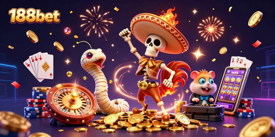 Experience exciting action with 188bet through this vibrant casino illustration showcasing thrilling games and celebration.