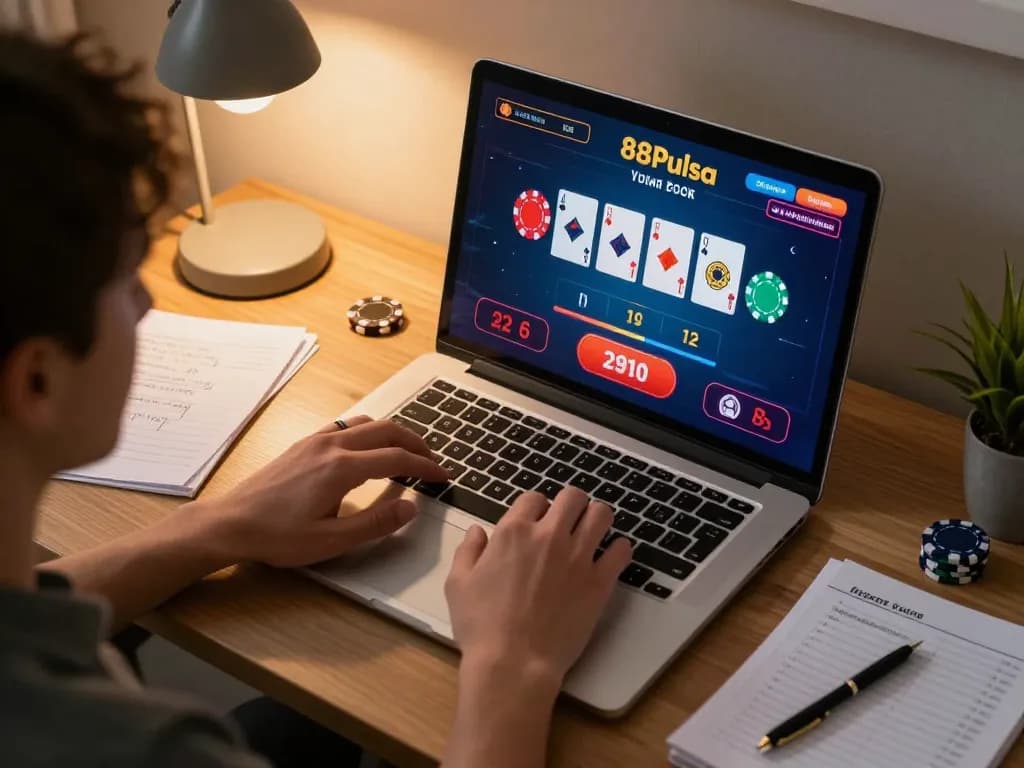 Pemain berinteraksi dengan blackjack langsung 88Pulsa, menunjukkan permainan strategis dan suasana rumah yang nyaman
