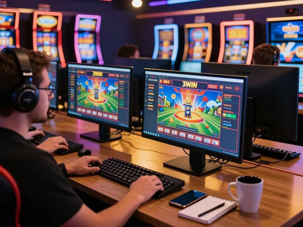 Engaged player using 3WIN's online casino interface on multiple screens, showcasing strategic gameplay.