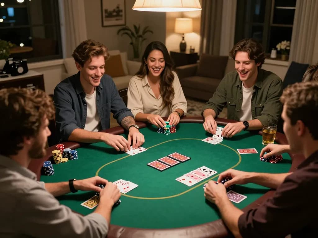 Friends playing poker in a cozy setting, highlighting casinos not on gamstop atmosphere.