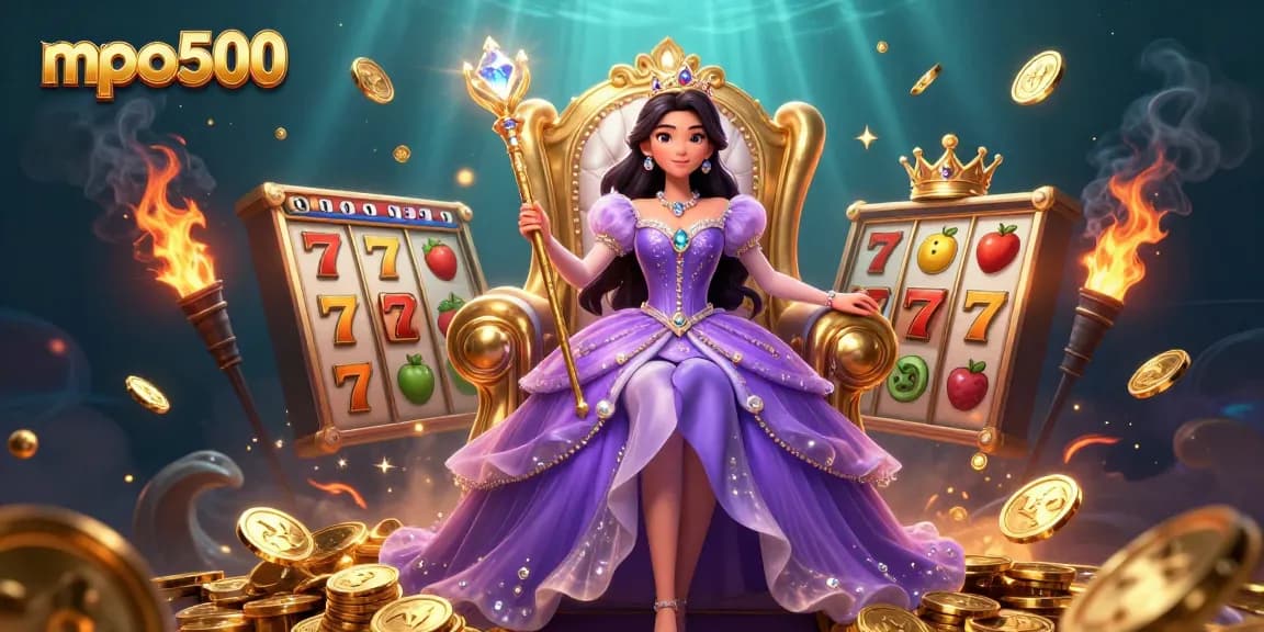 Spin and win with mpo500 featuring a regal woman in a dynamic casino atmosphere.