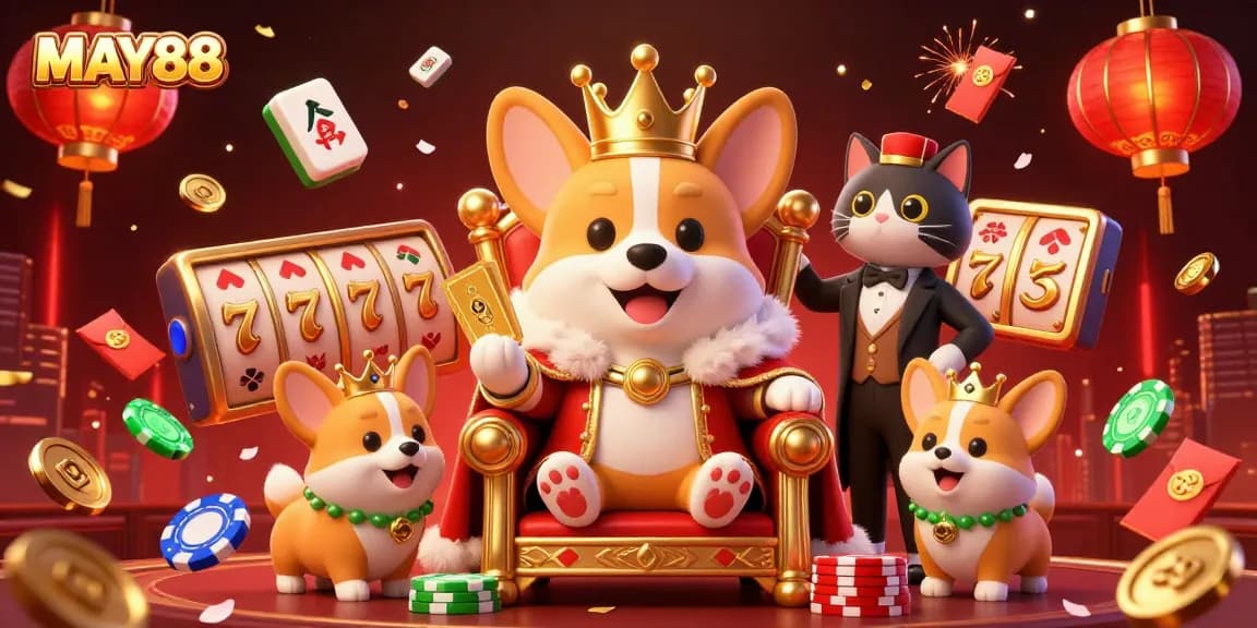 MAY88 promotes thrilling casino excitement with a royal corgi on a throne of poker chips and vibrant gaming elements.