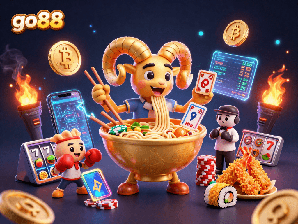 Gamble with go88 in this vibrant scene featuring a golden ramen bowl dealing cards at a dynamic casino!