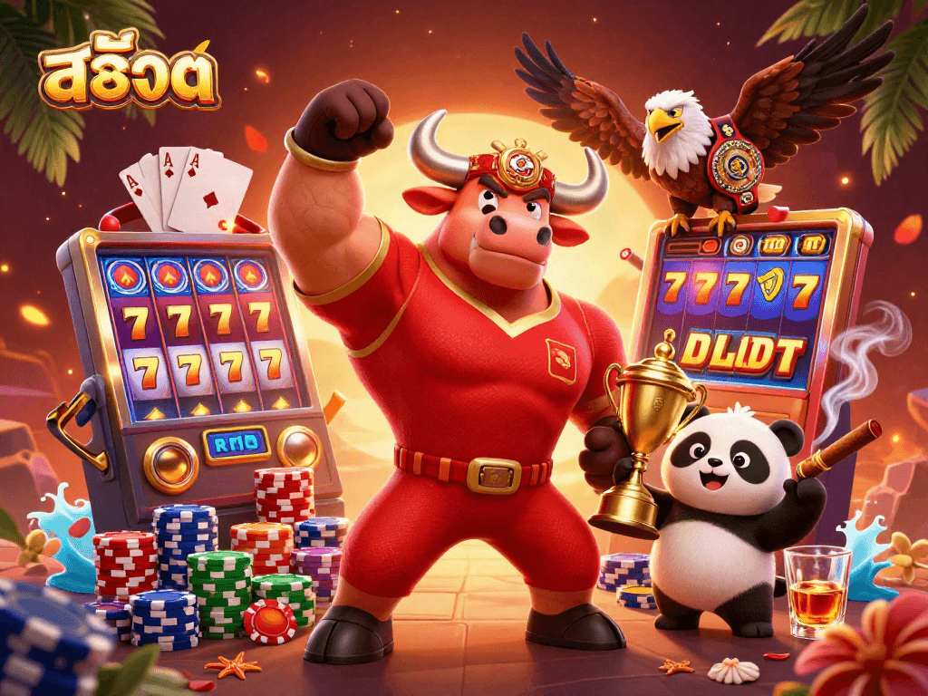 Engage with สล็อต in a vibrant scene featuring a bull mascot, eagle, and panda amidst an exciting slot backdrop.