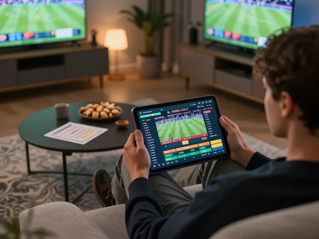 Engaging in online sports betting with UU88 on a tablet at home, highlighting dynamic live bets.