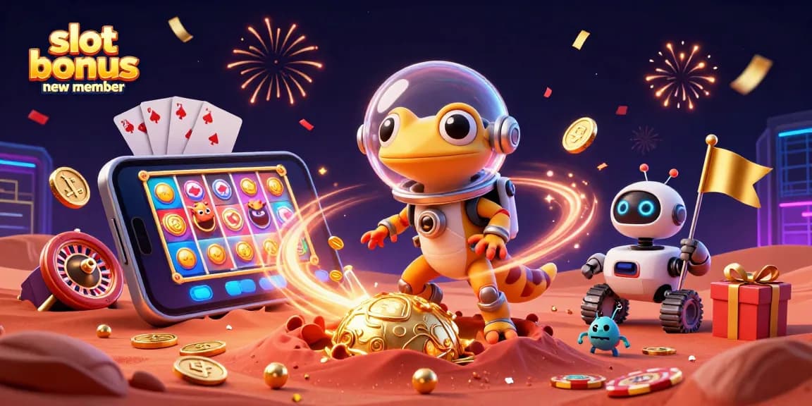 Exciting scene of a slot bonus new member celebrating with vibrant visuals of casino elements.