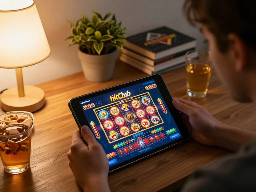 A player using the hitclub casino app on a tablet, enjoying online slots in a cozy home.