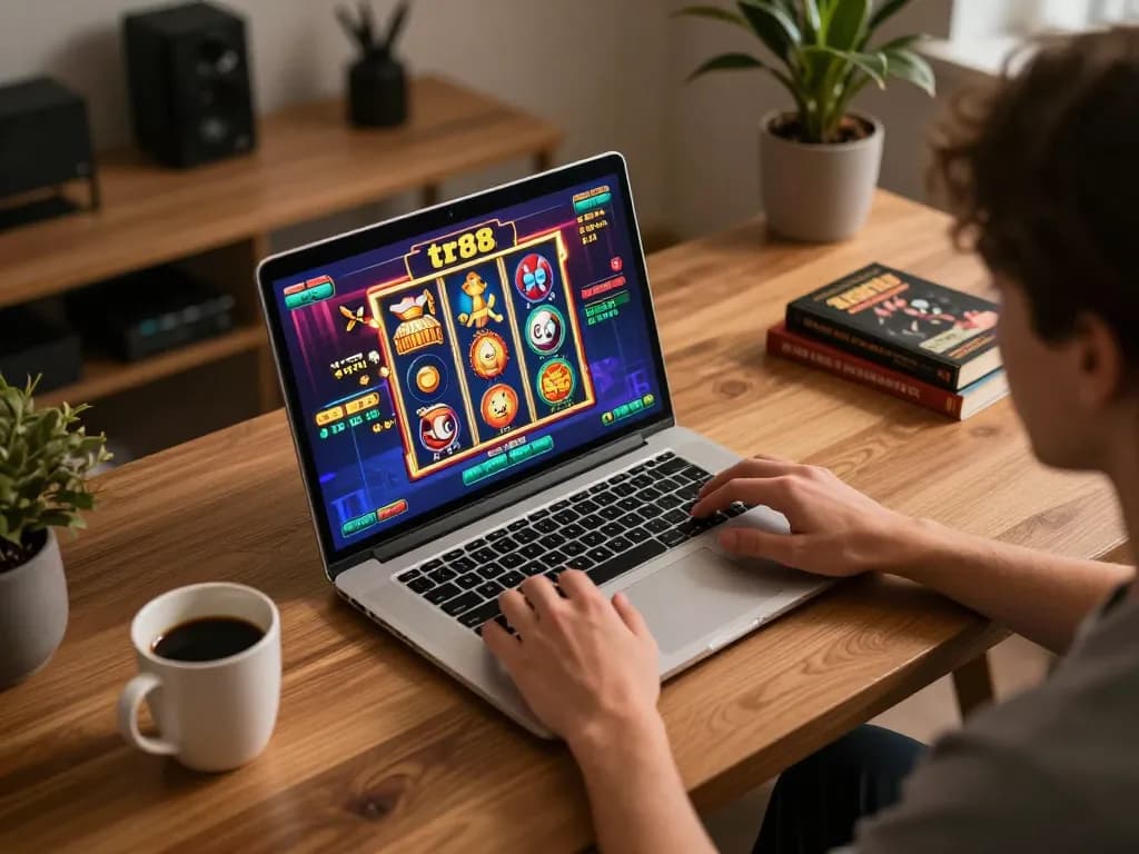 Playing the tr88 game on a laptop in a cozy home environment with warm ambient lighting.