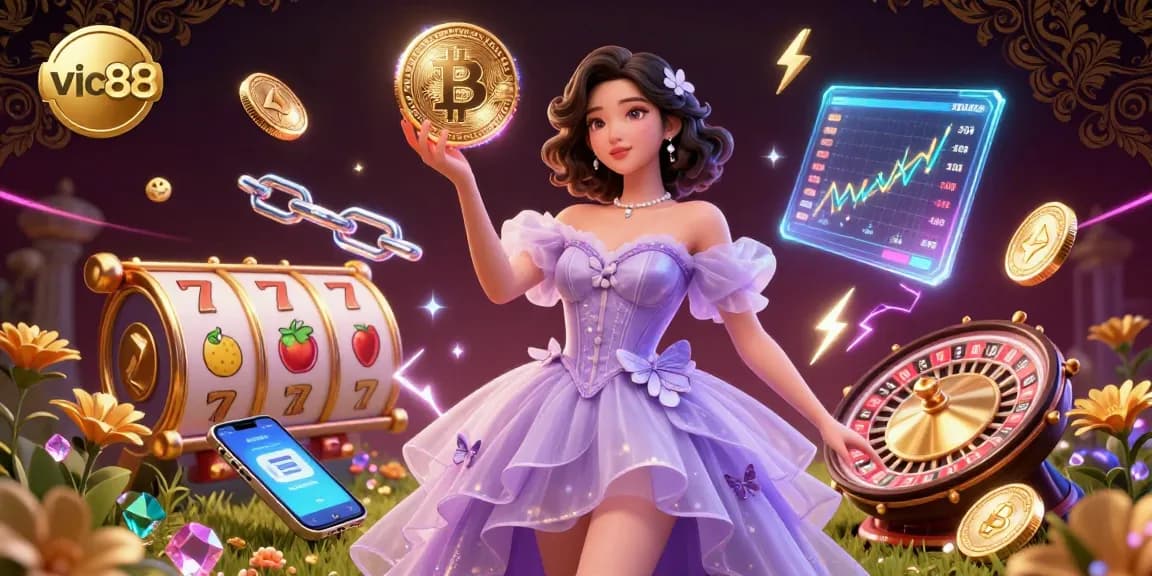 Engage with vic88 in an enchanting casino world filled with golden coins and vibrant game elements.