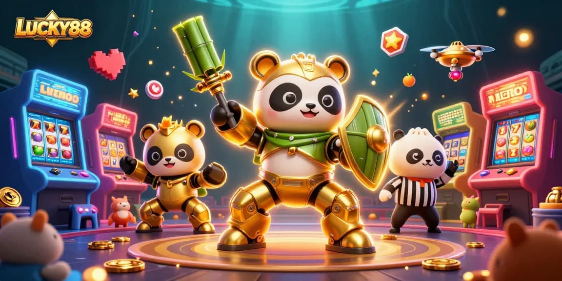 Play LUCKY88 with vibrant slot reels and golden panda pilot in an engaging casino arena