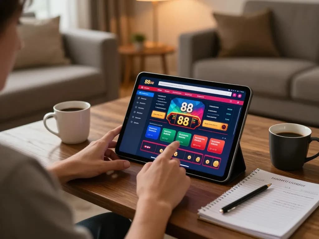 Engaging with the open 88 casino app on a tablet at home, showing strategic gameplay.