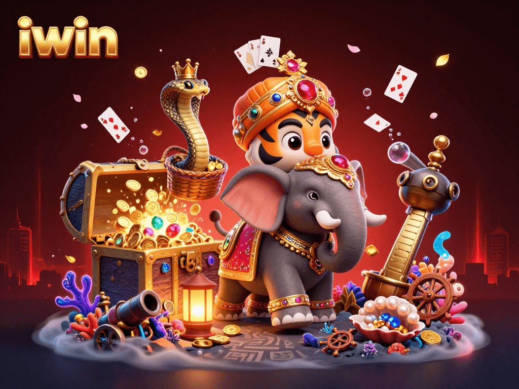 Utilize iwin strategies with a vibrant 3D casino scene featuring a maharaja tiger, gems, and glowing elements.