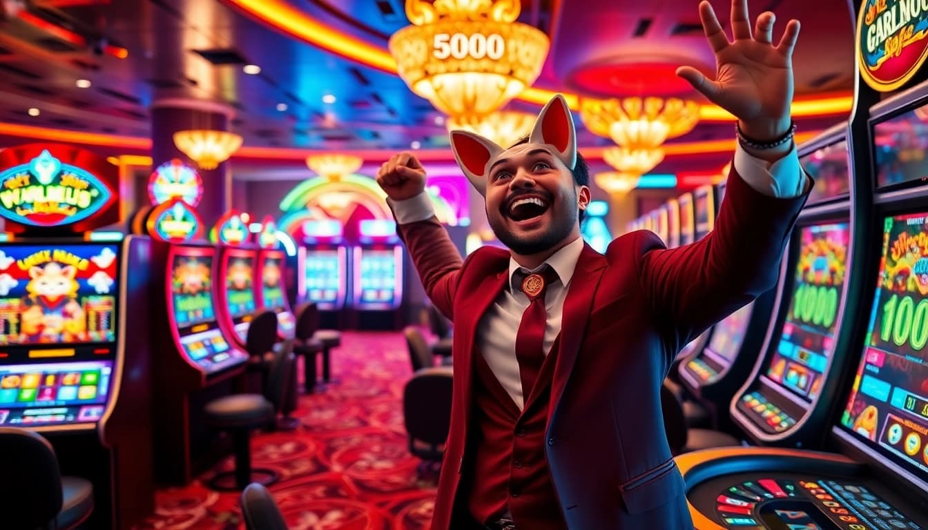 Celebrating a win on Lucky Neko PG Soft เกมได้เงินจริง slot machine at a luxurious casino.
