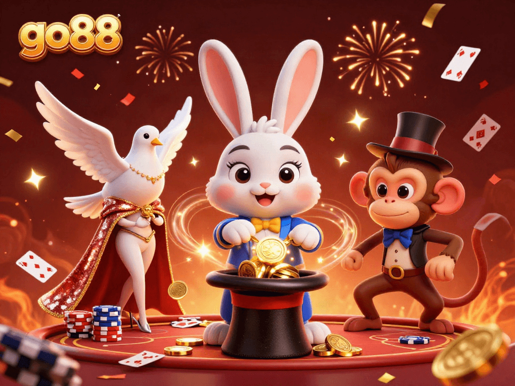 Join the fun at go88 with a dazzling casino scene featuring a magician rabbit and more!