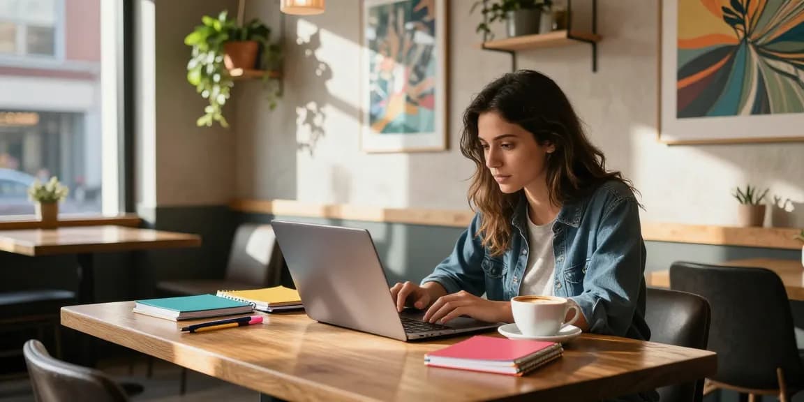 Woman in cafe curating NSFW content with laptop and coffee