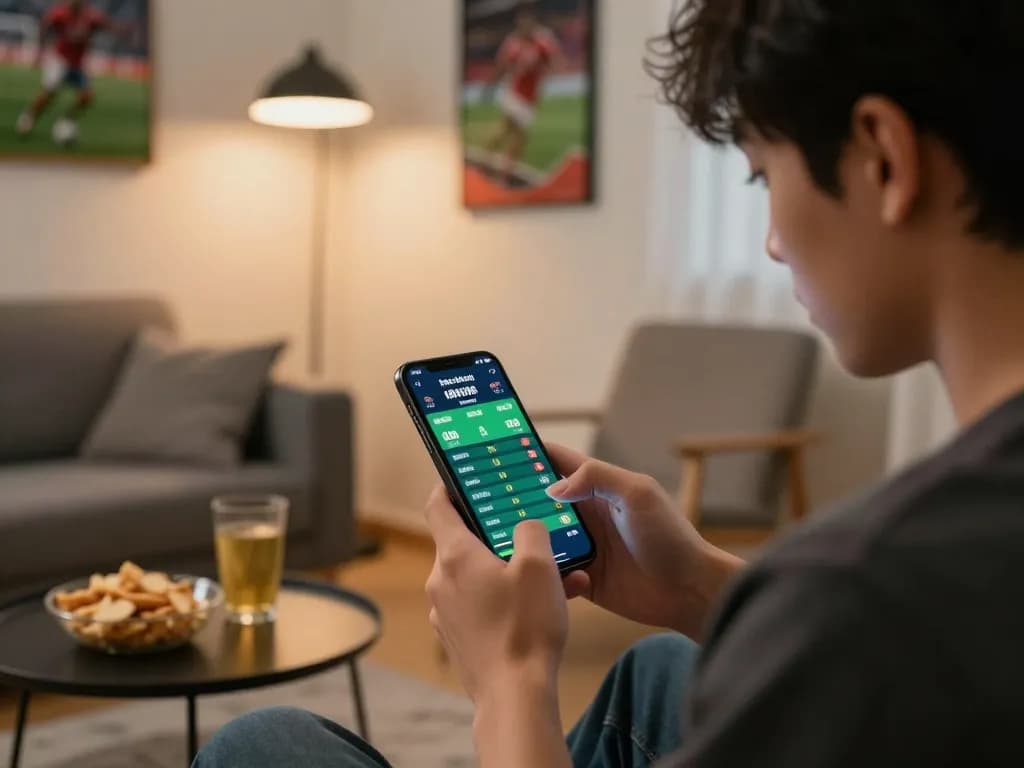 Engaging in kèo bóng đá trực tuyến betting via smartphone, capturing the thrill of online sports betting.