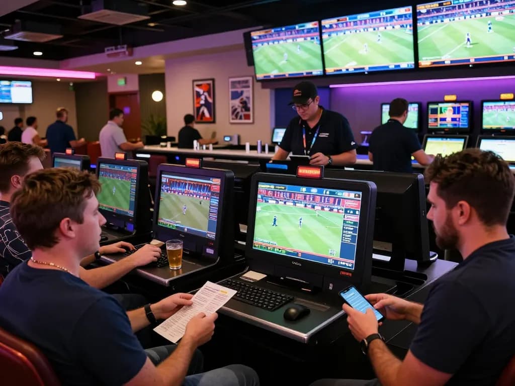 Engaging in dynamic sports betting at nhà cái Net88 with multiple screens showcasing live events and enthusiastic bettors.