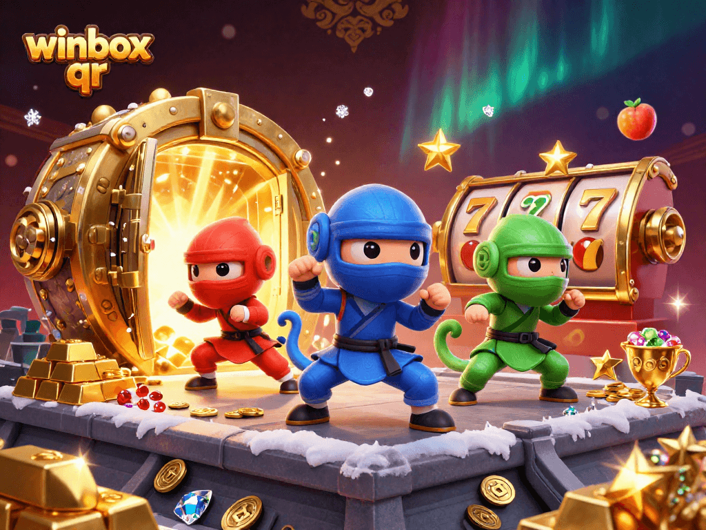 Winbox QR featuring 3D ninja chameleons with slots and treasures around them in a vibrant casino scene.