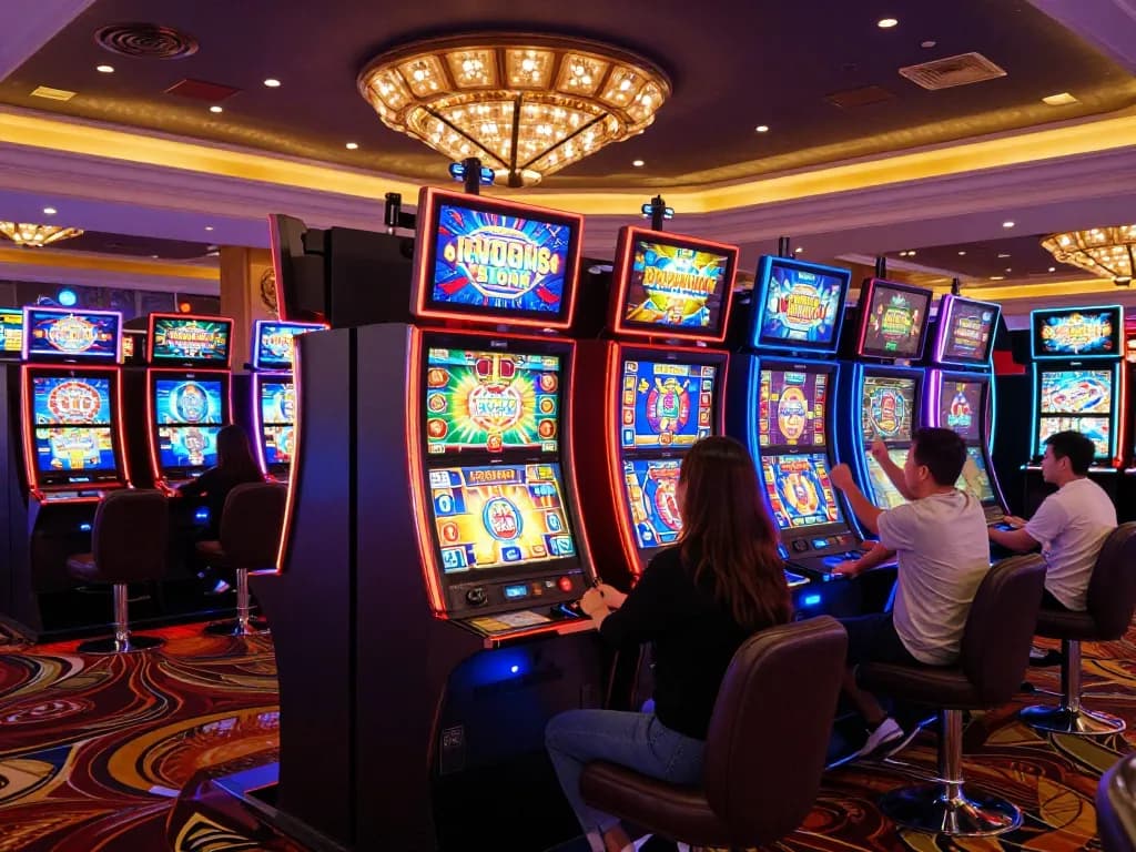 Excited players enjoying slot gacor machines with vibrant displays in a lively casino.