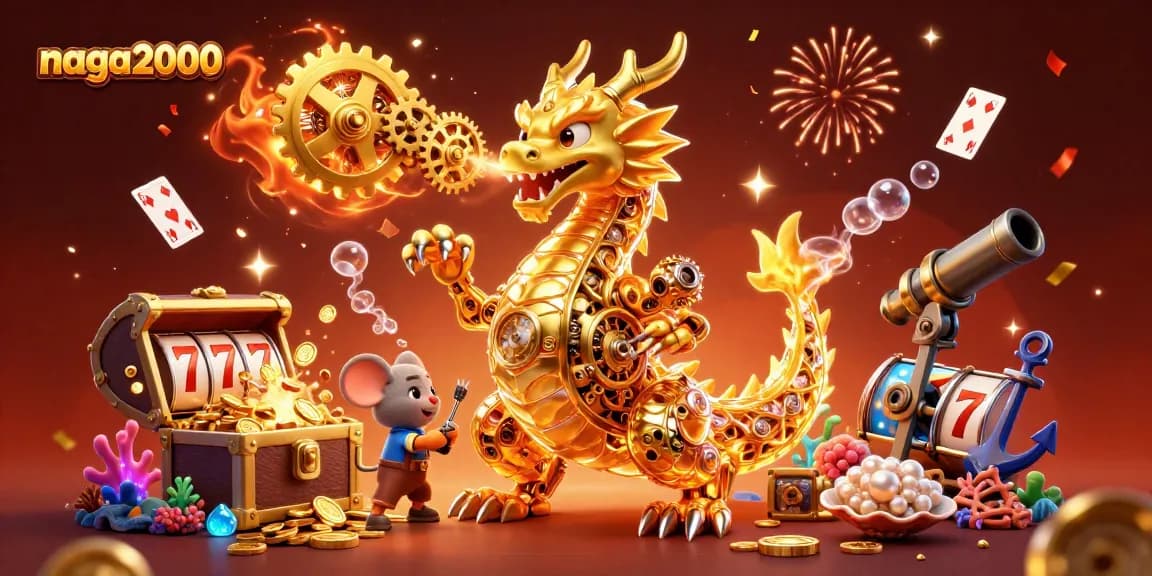 Naga2000 menghadirkan dragon mekanik bersinar di tengah tumpukan slot yang menarik dan emas.
