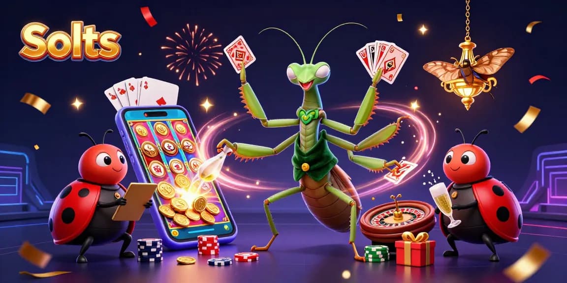 Experience thrilling Slots action with a giant praying mantis dealer and vibrant game elements.